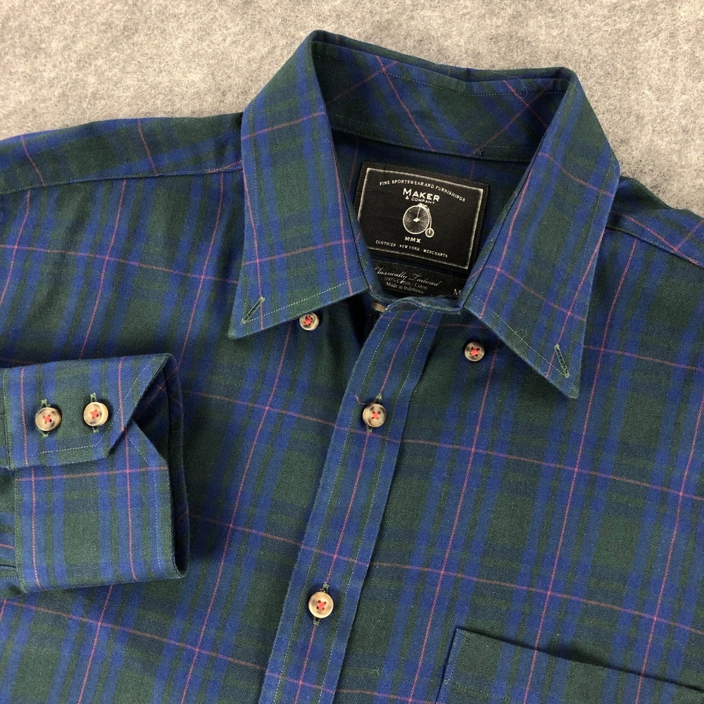 Maker & Company MMX Men Button Down Shirt Medium Blue Plaid Long Sleeve Tailored